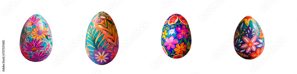 A set of four intricately hand-painted Easter eggs, each with a unique floral design, isolated on a transparent background. A set of four intricately hand-painted Easter eggs, each with a unique floral design, isolated on a transparent background.