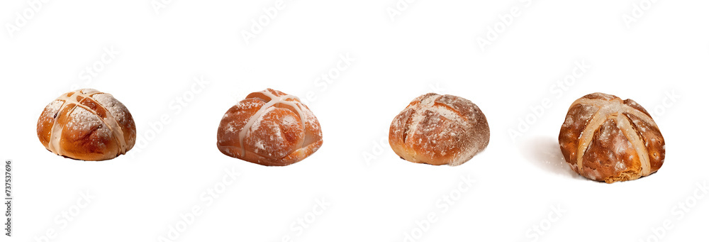 Delicious Hot Cross Buns with Powdered Sugar on Transparent Background Delicious Hot Cross Buns with Powdered Sugar on Transparent Background