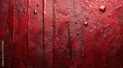 a close up of a red painting with drops of water on the paint and on the bottom of the painting.