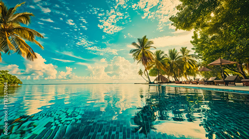 Stunning landscape  swimming pool blue sky with clouds. Tropical resort hotel in Maldives.