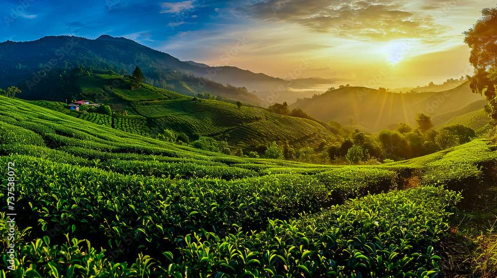 Green tea plantation at sunrise time, nature background.