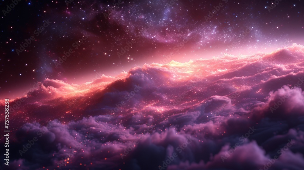 a pink and purple sky with stars and clouds in the foreground and a pink and purple sky with stars and clouds in the background.