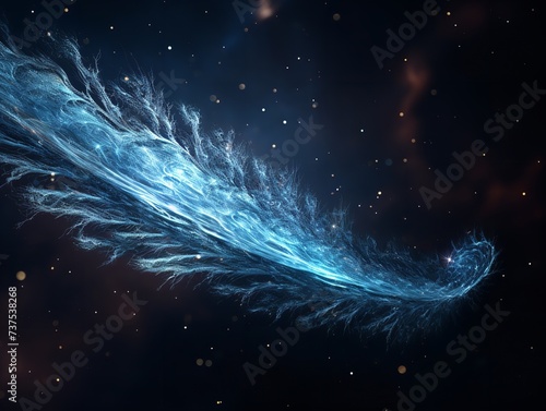 In the vast darkness of outer space, a lone blue feather floats amidst the sparkling constellations and majestic galaxies, a delicate reminder of the beauty and wonder of the universe photo