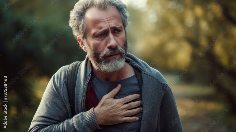 A senior man clutches his chest amidst nature, his eyes filled with concern, hinting at heart trouble and capturing a moment of vulnerability and distress. A senior man clutches his chest amidst nature, his eyes filled with concern, hinting at heart trouble and capturing a moment of vulnerability and distress.