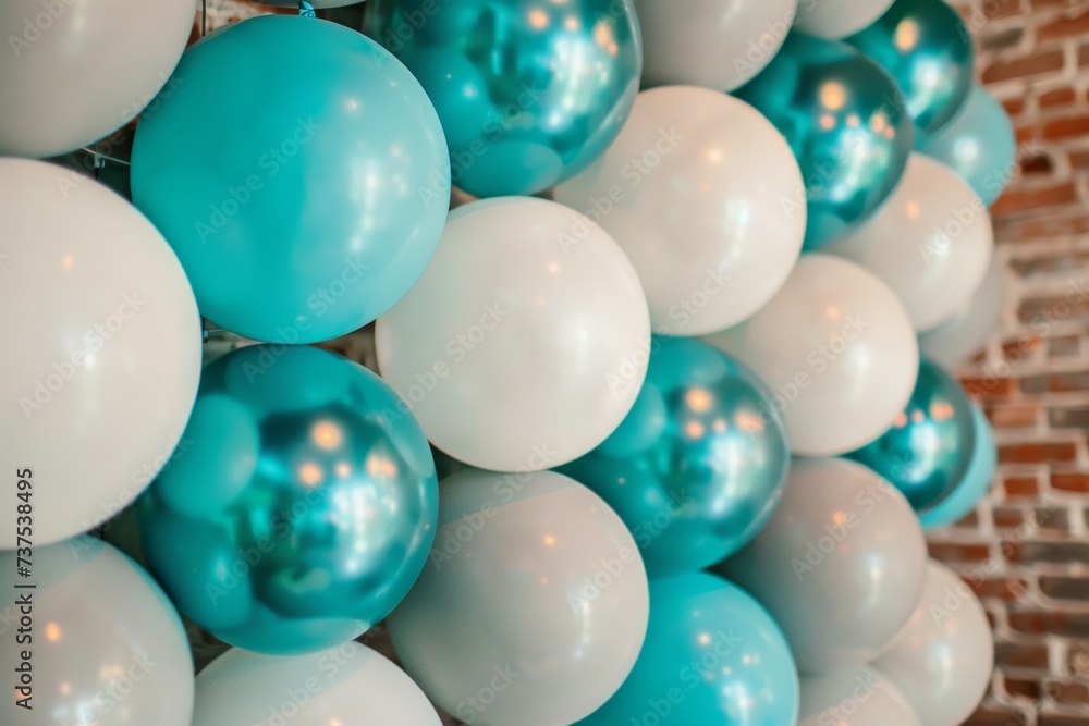 Close up photo of a birthday party s white photo zone with turquoise and gray balloons at a restaurant Close up photo of a birthday party s white photo zone with turquoise and gray balloons at a restaurant