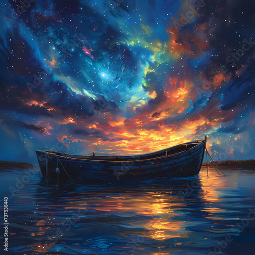 Cosmic Serenity: Boat Under Starry Sky Illustration