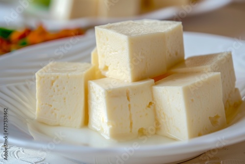 Fried milk tofu on a plate made from cow s milk and soybeans with a soft texture and savory flavor photo