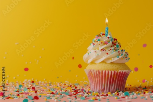 Colorful birthday cupcake with candle and confetti on yellow backdrop