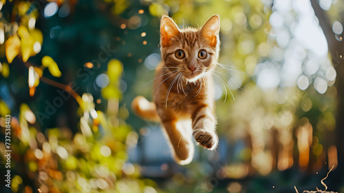 Surprised funny cat flying. Cat jumping mid-air looking at camera.