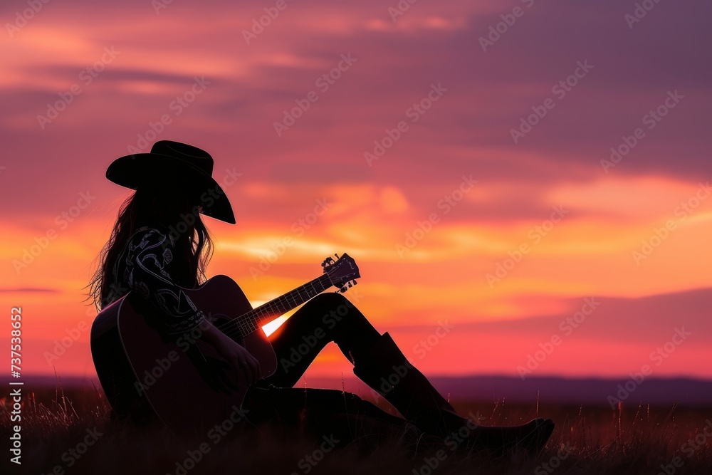 Fototapeta premium Cowgirl playing guitar with sunset
