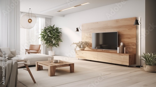 modern living room with white and natural wood furniture in minimalist design