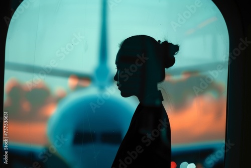 Expecting businesswoman silhouette on plane at airport