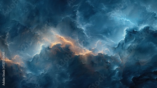 a painting of a blue and orange cloud with a yellow light in the center of the picture and the sky in the background.