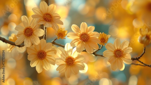 a bunch of yellow flowers hanging from a tree branch with a blurry background of yellow flowers in the foreground.