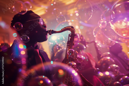 musician playing a saxophone in a colorful room, filled with bubbles 