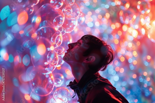 boy at a party filled with giant bubbles