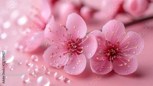 a couple of pink flowers sitting on top of a pink surface with drops of water on top of the petals.