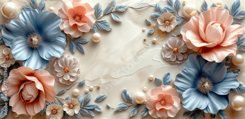 a close up of a cake decorated with flowers and pearls on a white cake with blue and pink flowers on it. photo