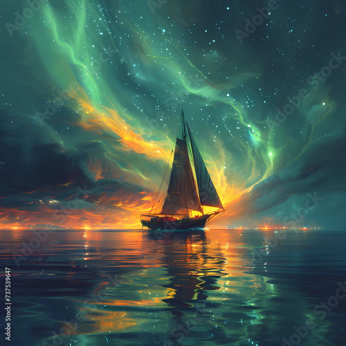 Majestic Sailing Ship Under a Cosmic Sky with Auroras and Stars