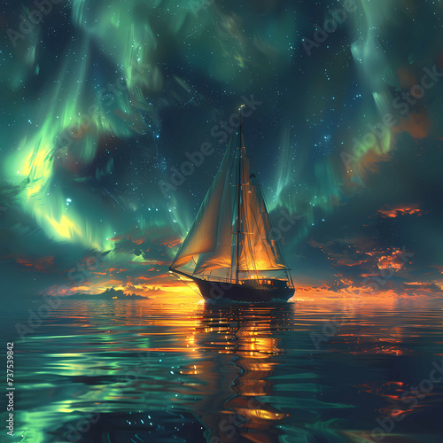 Majestic Sailboat under the Northern Lights - Ethereal Seascape