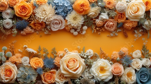 a bunch of flowers that are on top of a yellow surface with blue and orange flowers on top of it.