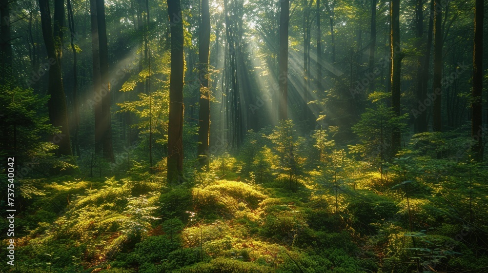 the sun shines through the trees in a green forest filled with lush green grass and tall, thin trees.