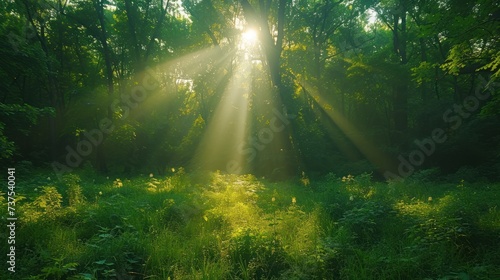 the sun shines brightly through the trees in a lush green forest filled with tall grass and tall, green trees. © Shanti