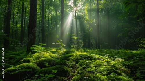 the sun shines through the trees in a forest filled with lush green ferns and ferns  with a bench in the foreground.