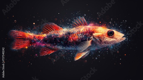 a close up of a goldfish with bubbles of water on it's side and a black background behind it.