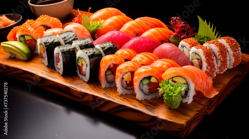 An assorted sushi platter against a black backdrop features vibrant fish atop rice, adorned with roe and sesame, alongside wasabi and ginger, showcasing culinary artistry.
