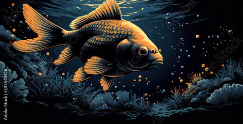 a painting of a goldfish swimming in a dark blue sea with bubbles and corals on the bottom of the water. photo