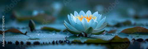 Serene scene of a light blue lotus flower with a glowing center, surrounded by lily pads covered in dewdrops © Nadya