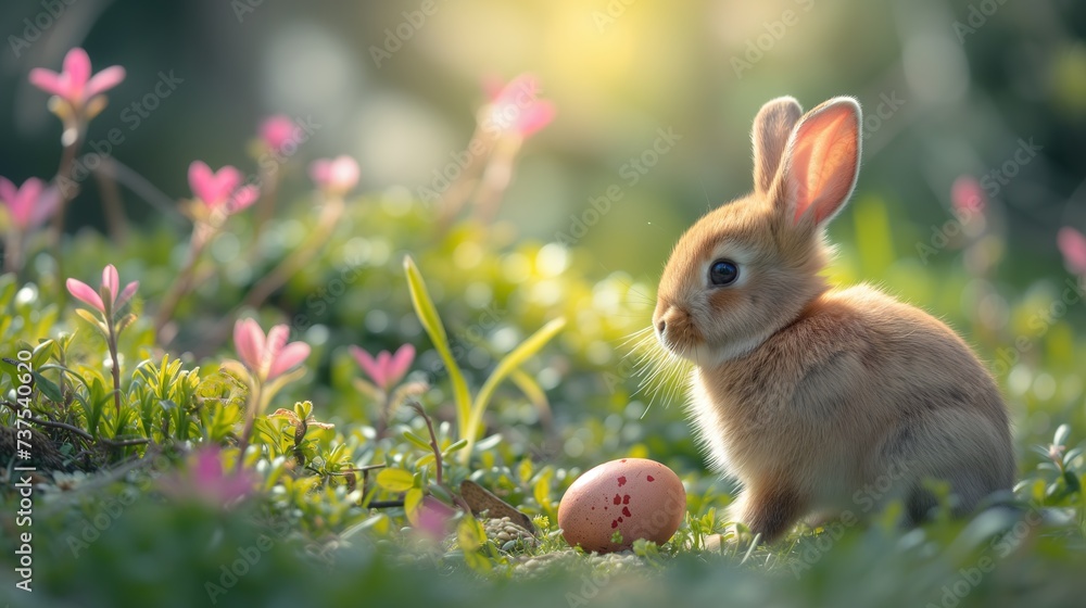 Fototapeta premium Cute bunny and single easter egg. Concept and idea of happy easter day