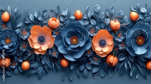 a close up of a bunch of flowers on a blue background with leaves and an orange in the middle of the picture.