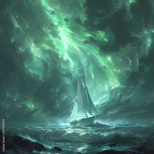 Majestic Sailing Ship Under Ethereal Northern Lights