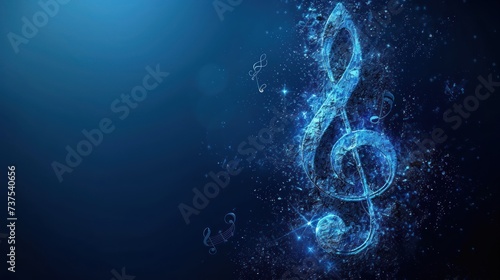 a blue background with a treble and music notes in the middle of the image and a blue background with a treble and music notes in the middle of the image.