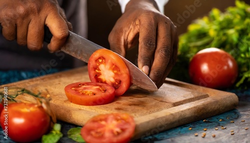 Generated image of someone's hands cutting a tomato with a knife