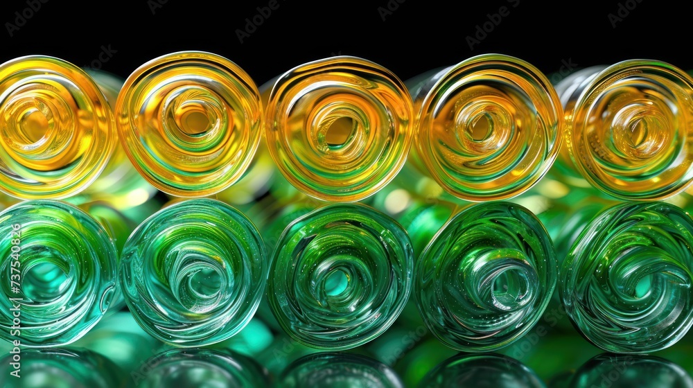 a group of green and yellow swirls sitting in front of a black background of green and yellow swirls. a group of green and yellow swirls sitting in front of a black background of green and yellow swirls.