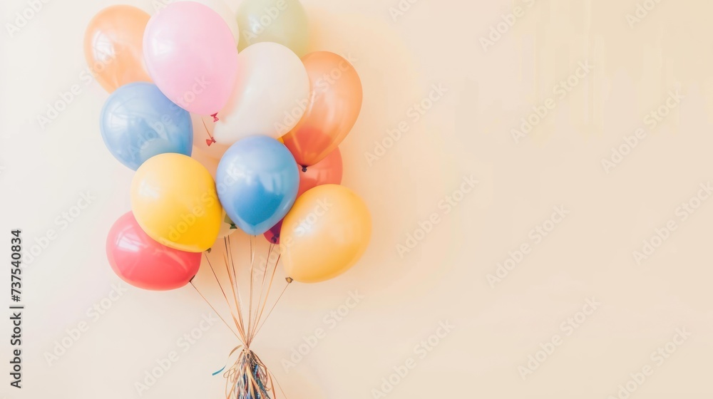 a bunch of balloons sitting on top of a table next to a vase with a bunch of flowers in it.