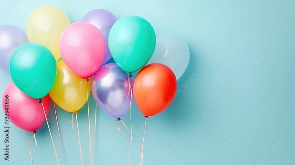 a bunch of balloons floating in the air on a blue background with a few white sticks sticking out of them.