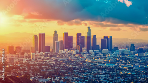 The skyline of Los Angeles during sunrise.