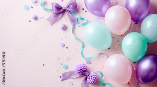 a bunch of balloons and streamers with a purple bow on a pink background with confetti and streamers.