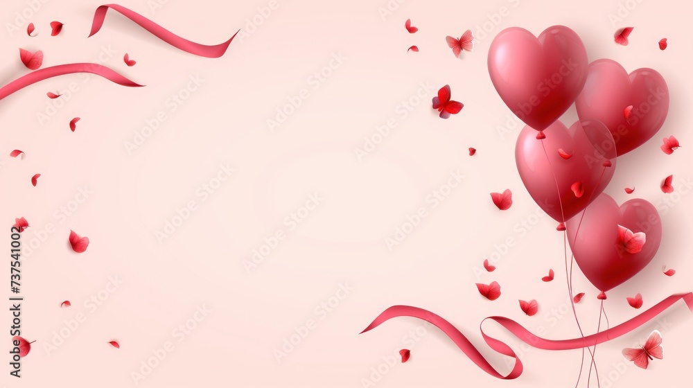 a bunch of red heart shaped balloons on a light pink background with streamers and a ribbon in the shape of a heart.