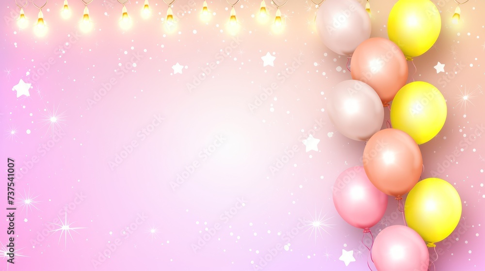 a pink and yellow background with stars and a bunch of balloons in the shape of a number of stars on the left side of the frame. a pink and yellow background with stars and a bunch of balloons in the shape of a number of stars on the left side of the frame.
