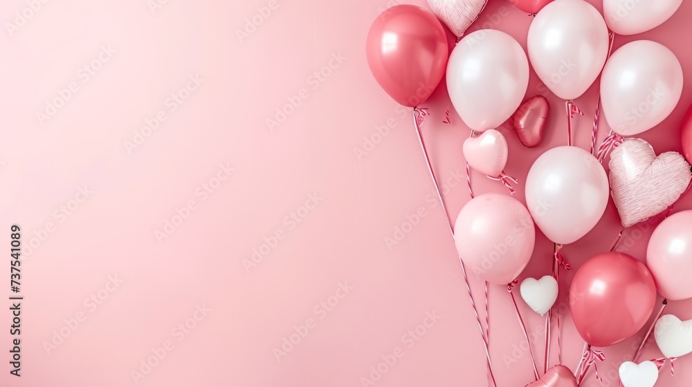 a bunch of pink and white balloons on a pink background with a heart - shaped balloon in the middle of the balloons.