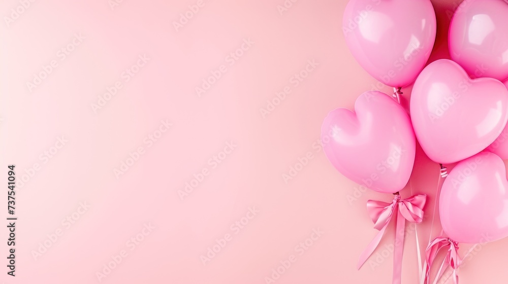 a bunch of pink heart - shaped balloons on a pink background with a bow on the end of the balloon.
