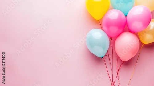 a bunch of balloons floating in the air on a pink background with a string attached to one of the balloons.