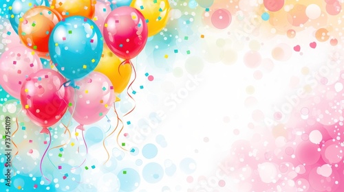 a bunch of balloons floating in the air on a blue  pink  yellow  and green background with bubbles.