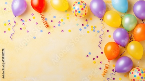 a group of balloons with streamers and confetti on a yellow background with confetti and streamers.