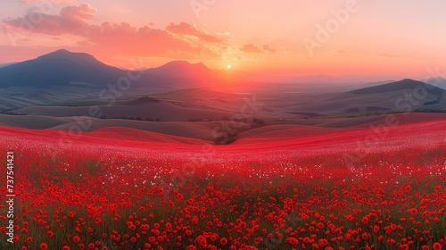 a field full of red flowers with the sun setting in the distance in the distance, with mountains in the background.